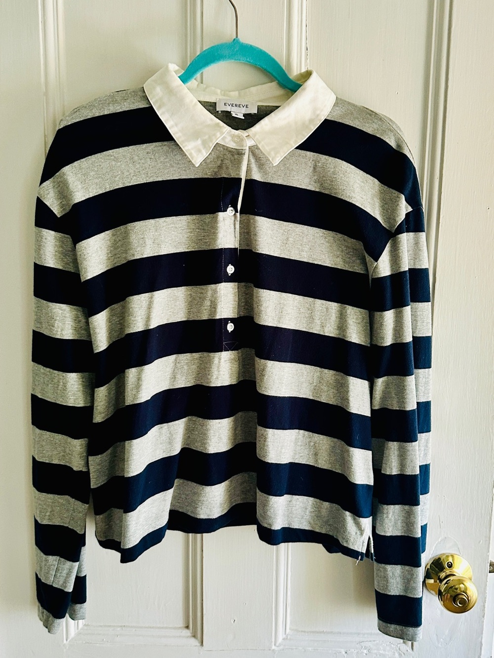 Evereve Navy and Gray Striped Collared Long-Sleeve Top